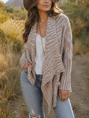 UO Staring at Stars Neutral Ribbed Draped Open Front Cardigan Cotton Oversized